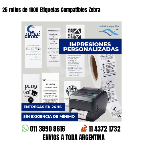 25 rollos de 1000 Etiquetas Compatibles Zebra 