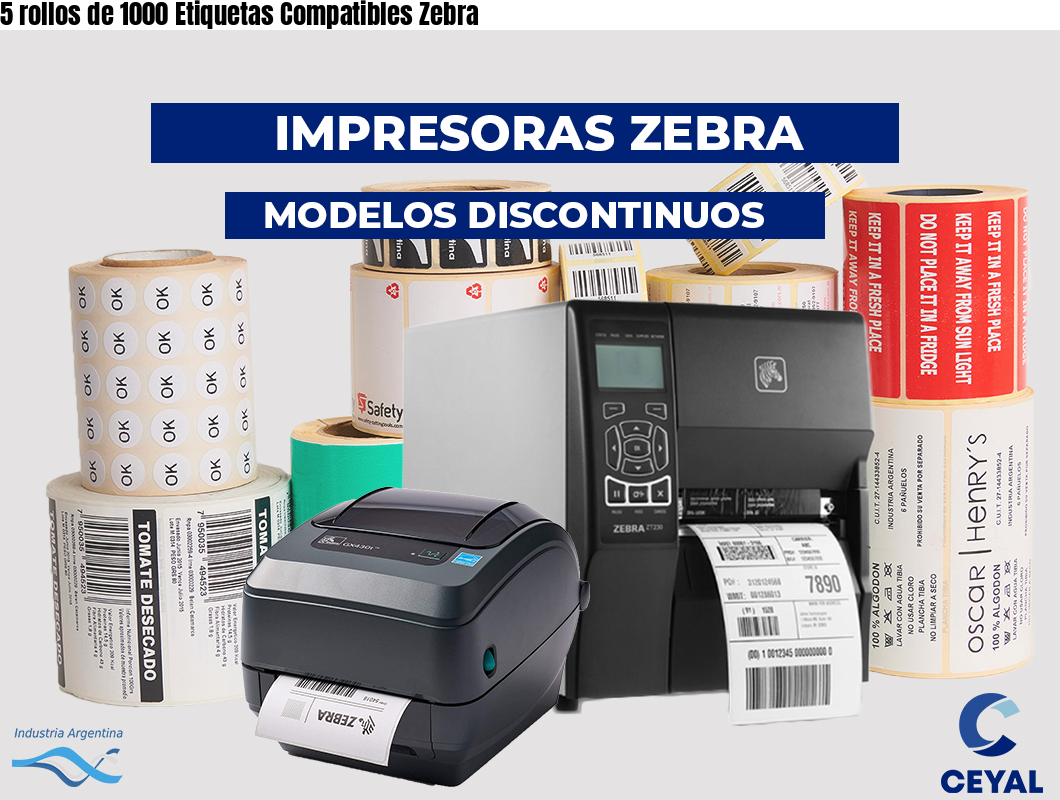 5 rollos de 1000 Etiquetas Compatibles Zebra