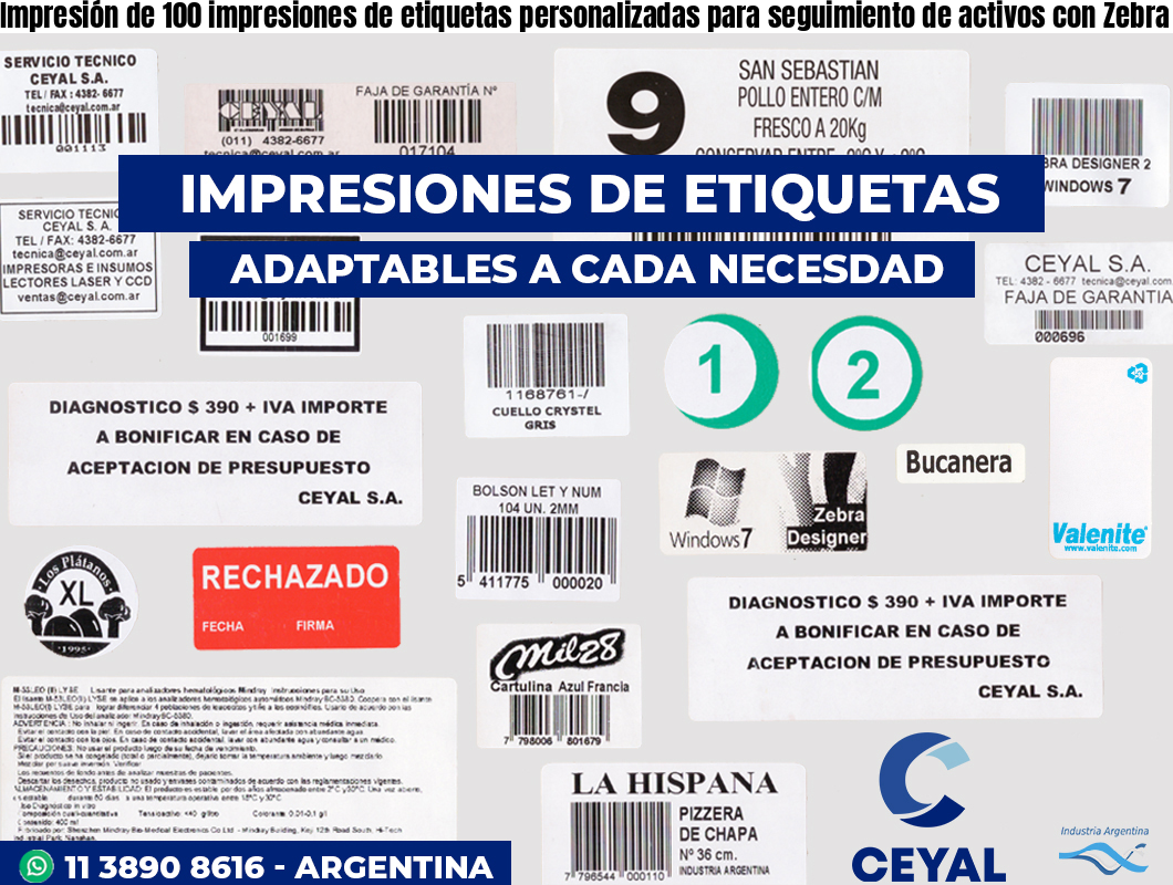 Impresión de 100 impresiones de etiquetas personalizadas para seguimiento de activos con Zebra