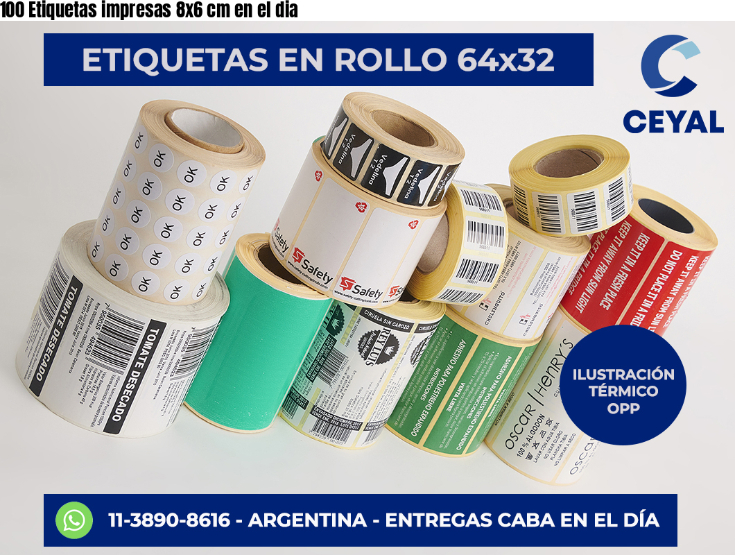100 Etiquetas impresas 8×6 cm en el dia