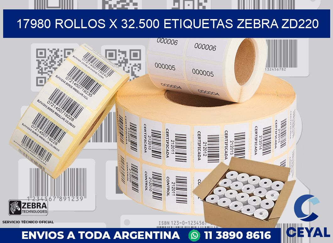 17980 Rollos x 32.500 etiquetas zebra zd220