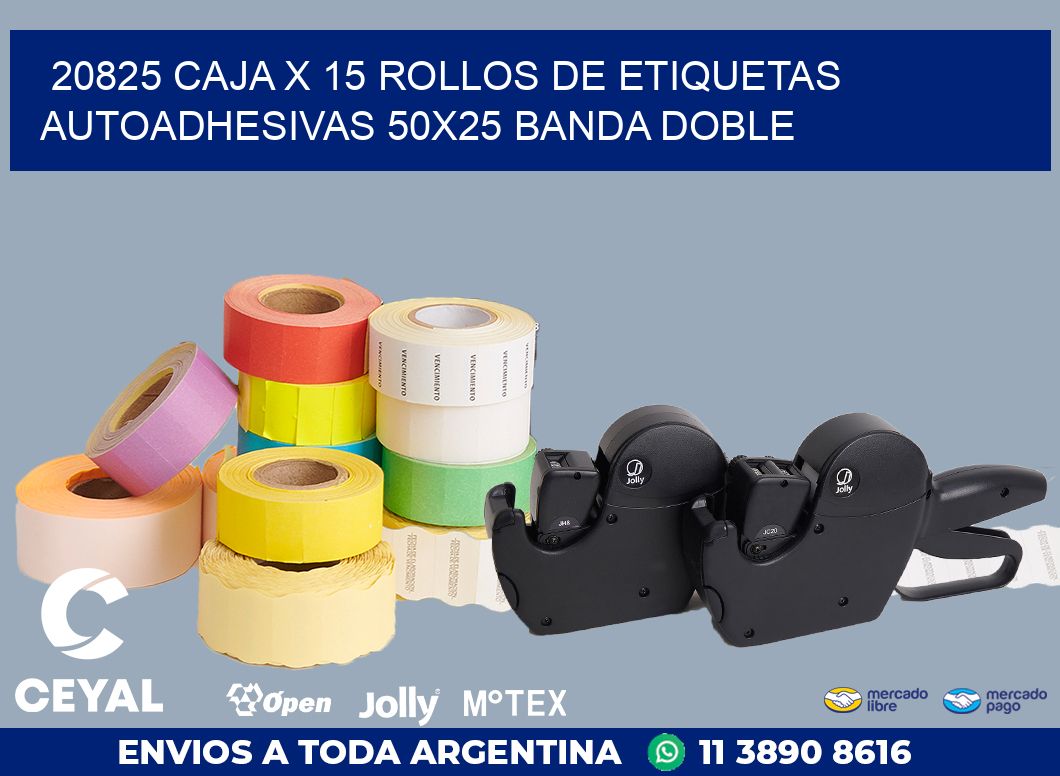 20825 CAJA X 15 ROLLOS DE ETIQUETAS AUTOADHESIVAS 50X25 BANDA DOBLE