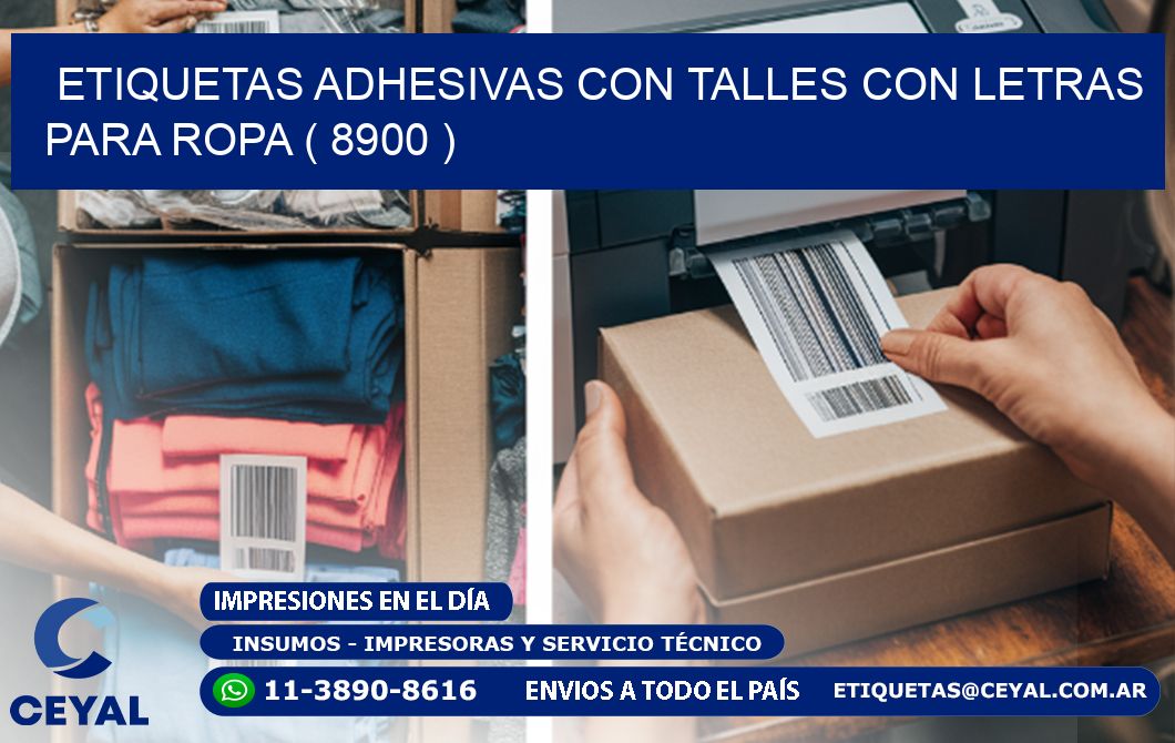 ETIQUETAS ADHESIVAS CON TALLES CON LETRAS PARA ROPA ( 8900 )