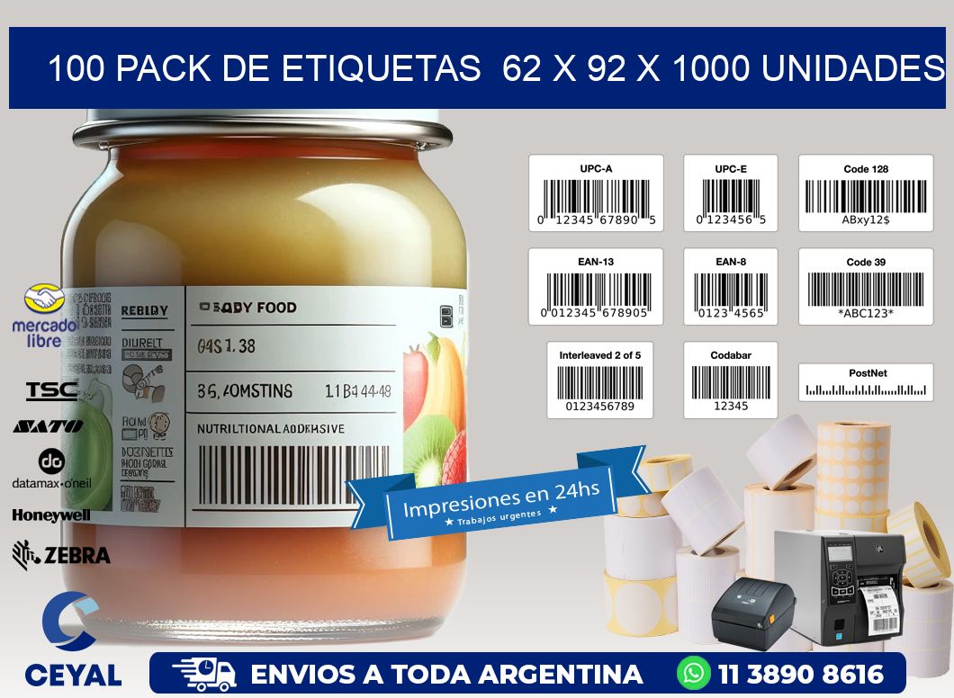 100 PACK DE ETIQUETAS  62 x 92 X 1000 UNIDADES