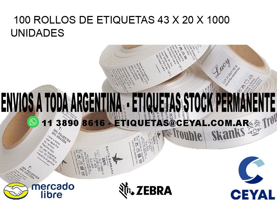 100 ROLLOS DE ETIQUETAS 43 x 20 X 1000 UNIDADES