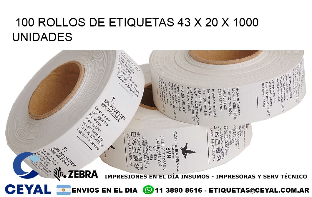 100 ROLLOS DE ETIQUETAS 43 x 20 X 1000 UNIDADES