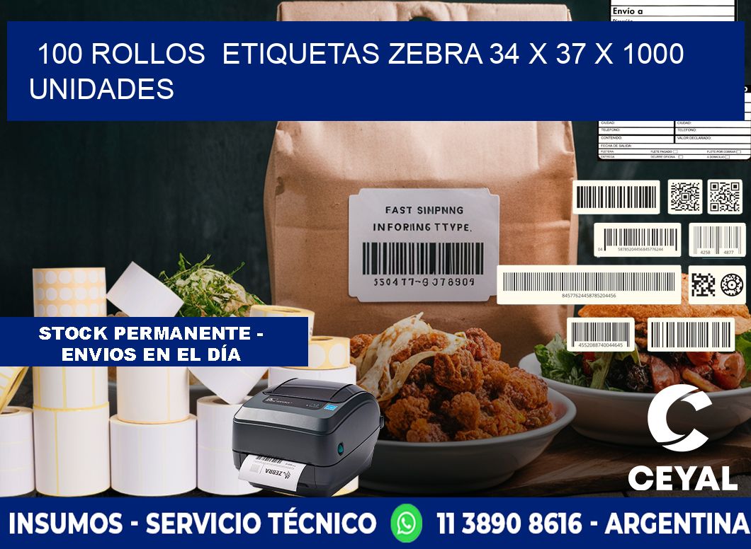 100 ROLLOS  ETIQUETAS ZEBRA 34 x 37 X 1000 UNIDADES