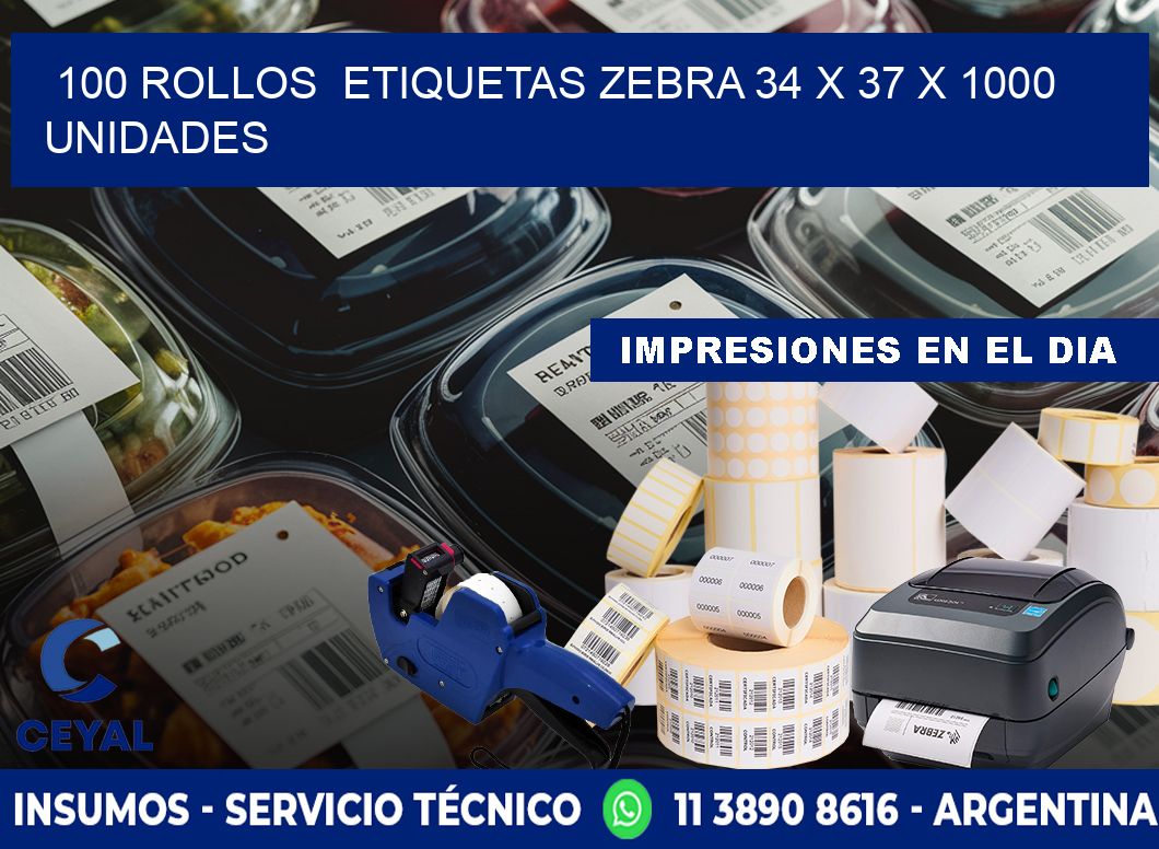 100 ROLLOS  ETIQUETAS ZEBRA 34 x 37 X 1000 UNIDADES