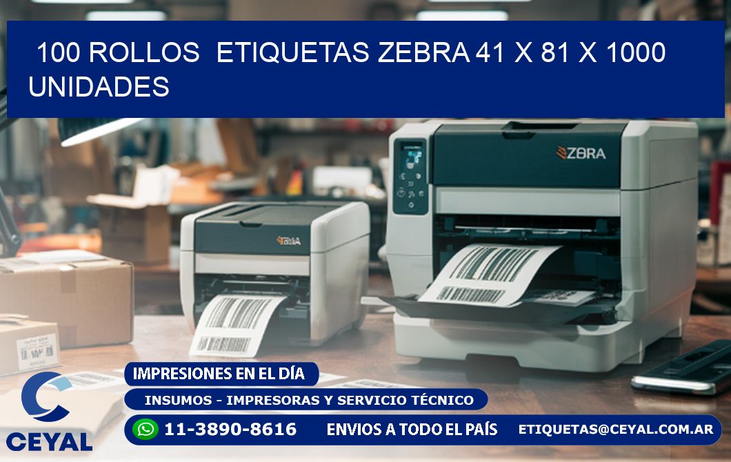 100 ROLLOS  ETIQUETAS ZEBRA 41 x 81 X 1000 UNIDADES