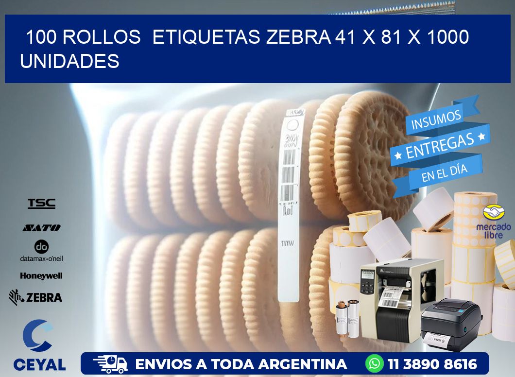 100 ROLLOS  ETIQUETAS ZEBRA 41 x 81 X 1000 UNIDADES