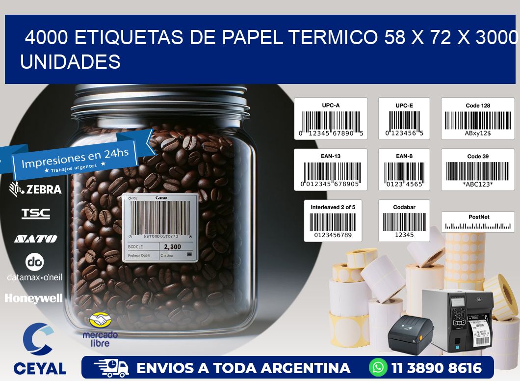 4000 ETIQUETAS DE PAPEL TERMICO 58 x 72 X 3000 UNIDADES