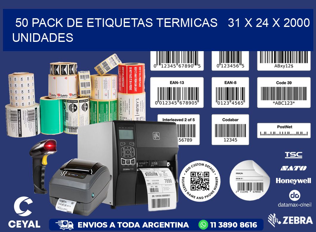 50 PACK DE ETIQUETAS TERMICAS   31 x 24 X 2000 UNIDADES