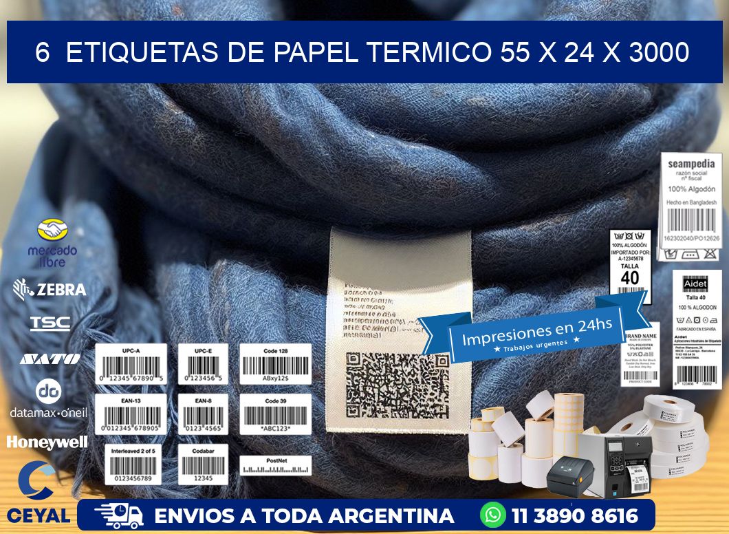 6  ETIQUETAS DE PAPEL TERMICO 55 x 24 X 3000