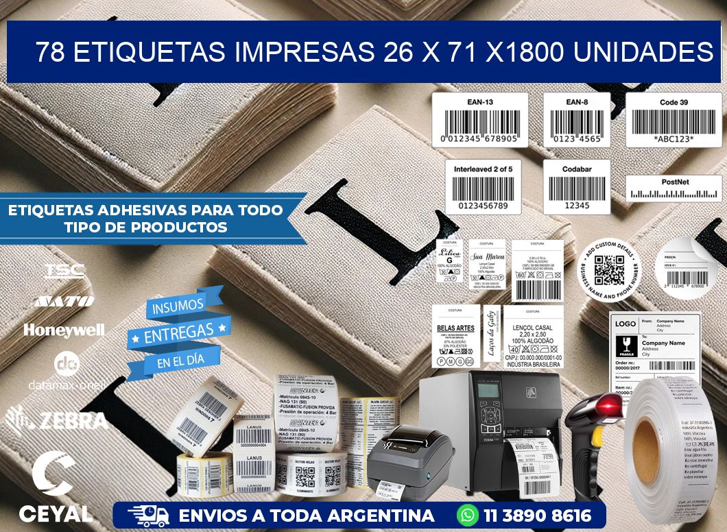 78 ETIQUETAS IMPRESAS 26 x 71 X1800 UNIDADES