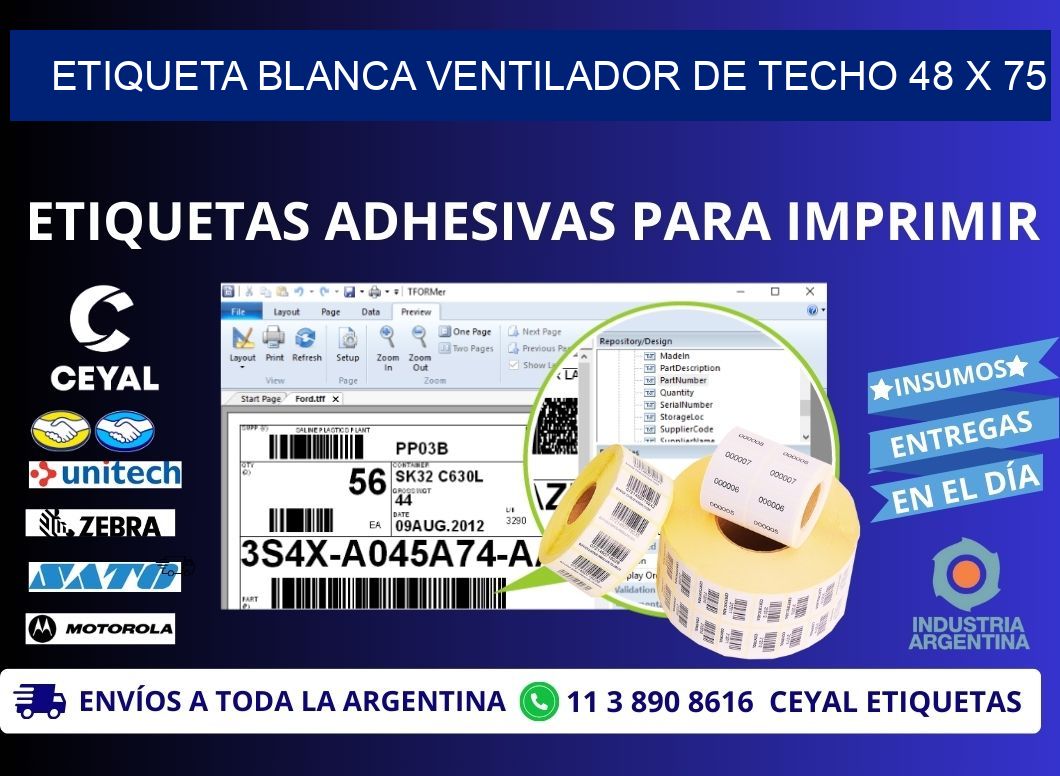 ETIQUETA BLANCA VENTILADOR DE TECHO 48 x 75