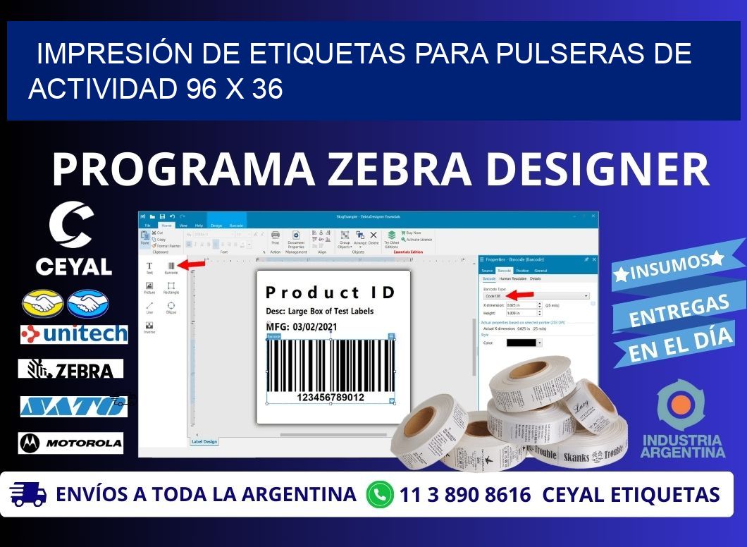 IMPRESIÓN DE ETIQUETAS PARA PULSERAS DE ACTIVIDAD 96 x 36