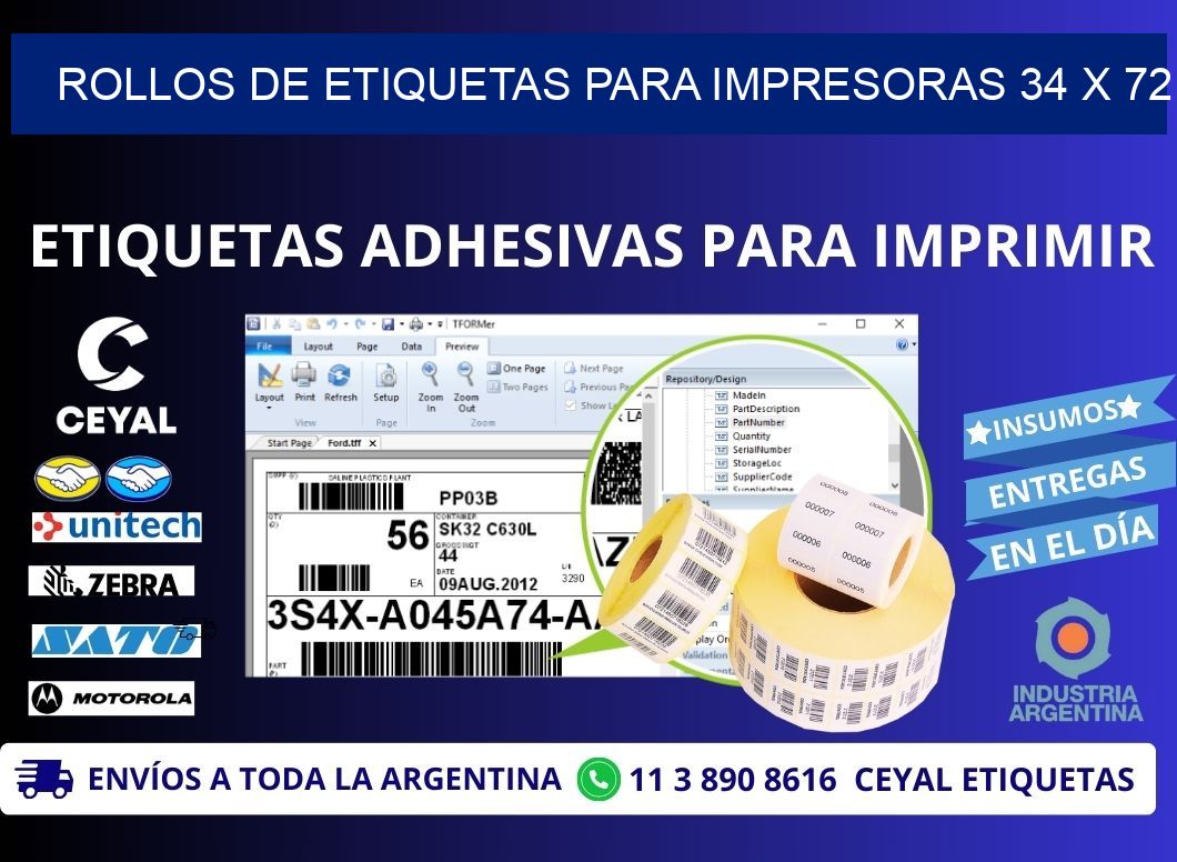 ROLLOS DE ETIQUETAS PARA IMPRESORAS 34 x 72