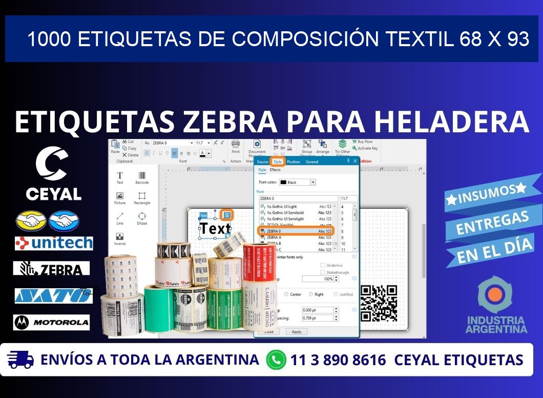 1000 ETIQUETAS DE COMPOSICIÓN TEXTIL 68 x 93