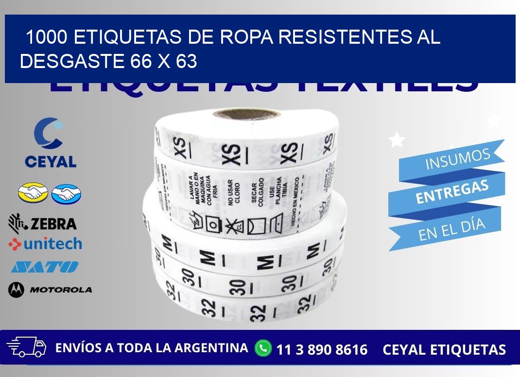 1000 ETIQUETAS DE ROPA RESISTENTES AL DESGASTE 66 x 63