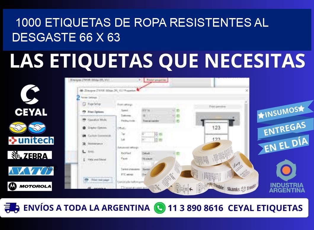 1000 ETIQUETAS DE ROPA RESISTENTES AL DESGASTE 66 x 63