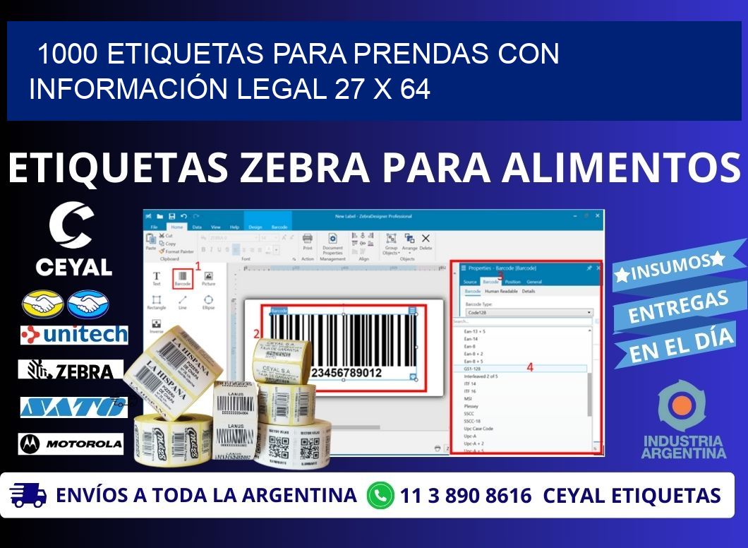 1000 ETIQUETAS PARA PRENDAS CON INFORMACIÓN LEGAL 27 x 64