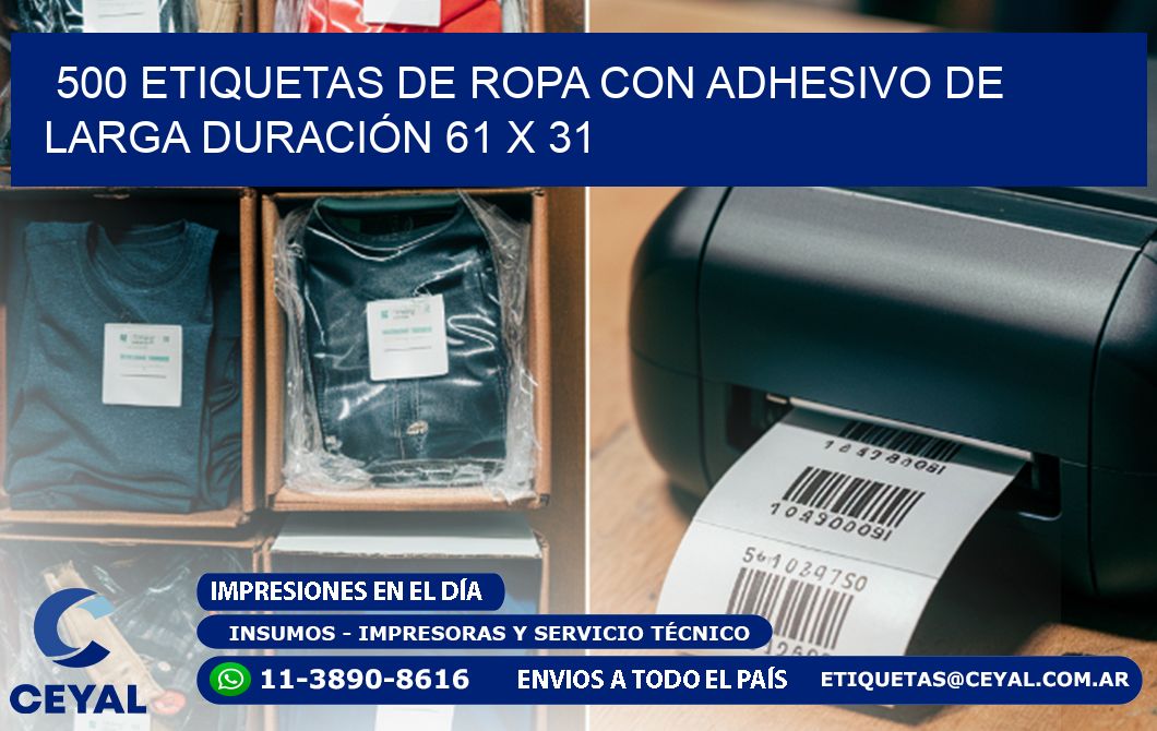 500 ETIQUETAS DE ROPA CON ADHESIVO DE LARGA DURACIÓN 61 x 31