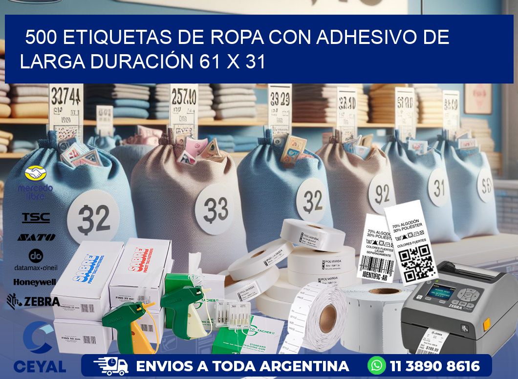 500 ETIQUETAS DE ROPA CON ADHESIVO DE LARGA DURACIÓN 61 x 31