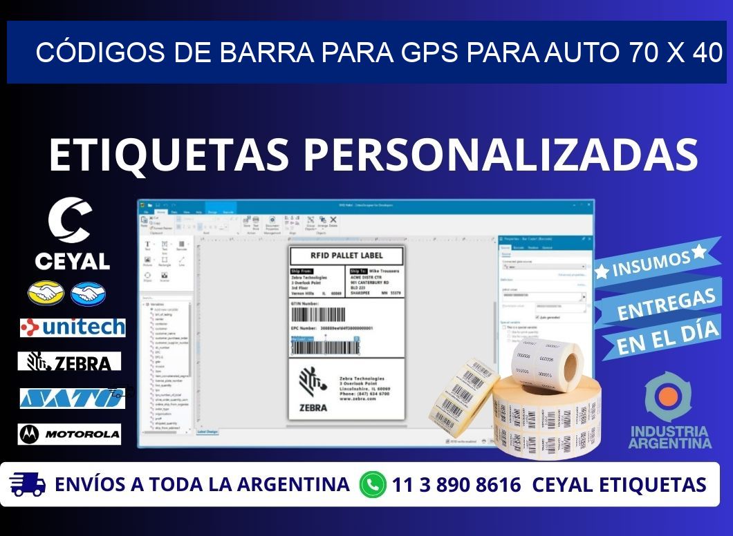 CÓDIGOS DE BARRA PARA GPS PARA AUTO 70 x 40