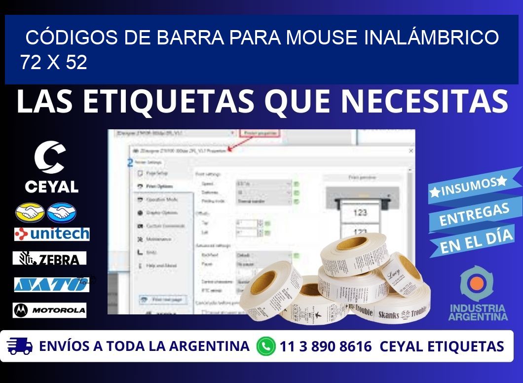 CÓDIGOS DE BARRA PARA MOUSE INALÁMBRICO 72 x 52