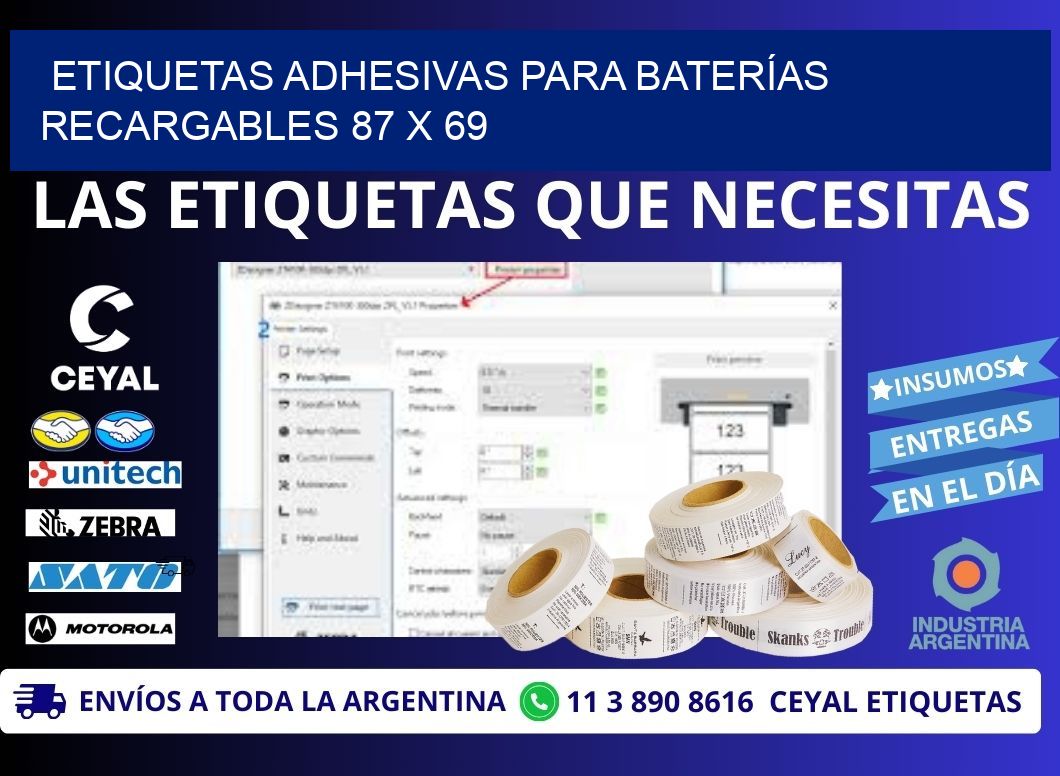 ETIQUETAS ADHESIVAS PARA BATERÍAS RECARGABLES 87 x 69