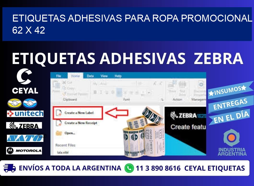 ETIQUETAS ADHESIVAS PARA ROPA PROMOCIONAL  62 x 42