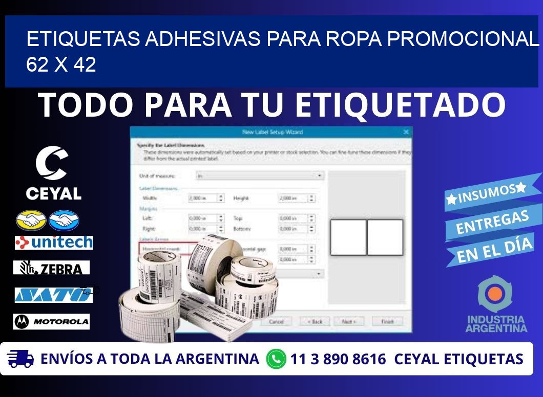 ETIQUETAS ADHESIVAS PARA ROPA PROMOCIONAL  62 x 42