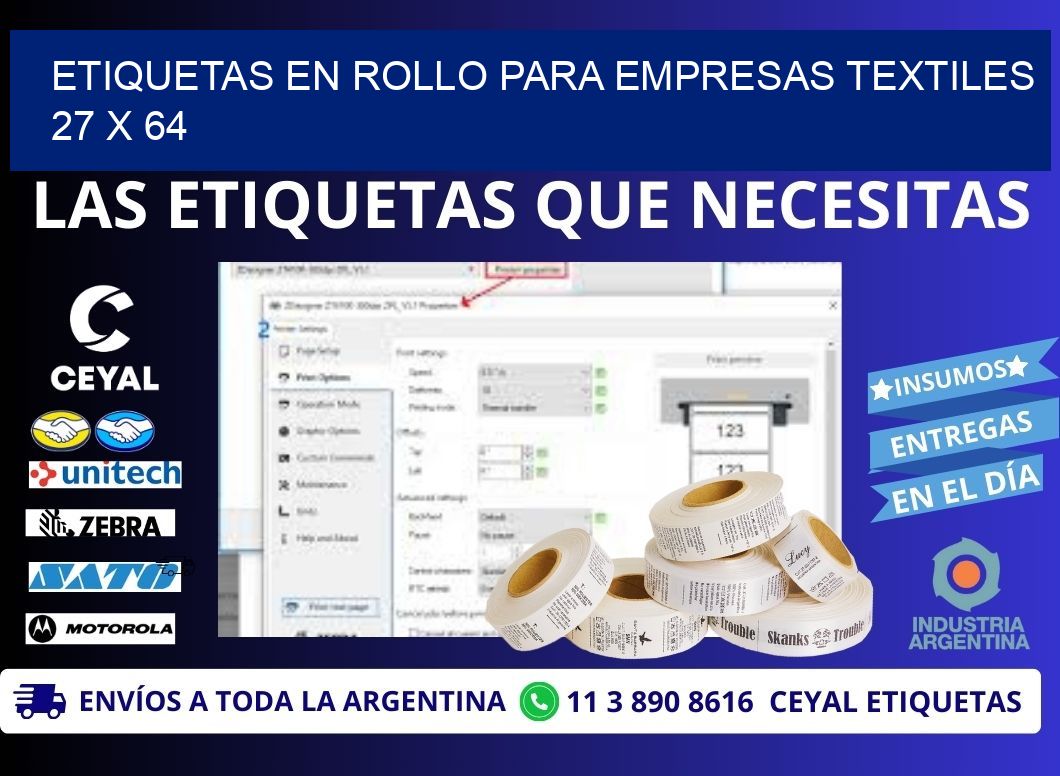 ETIQUETAS EN ROLLO PARA EMPRESAS TEXTILES  27 x 64