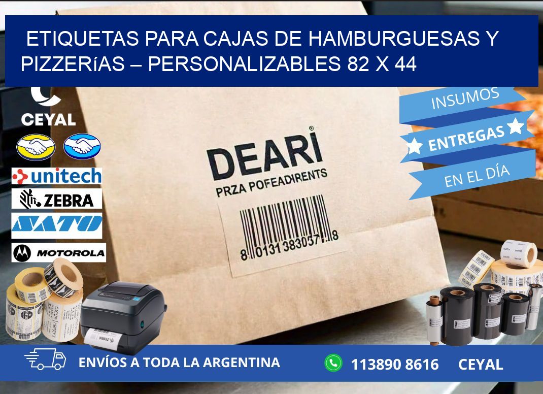 Etiquetas para cajas de hamburguesas y pizzerías – Personalizables 82 x 44