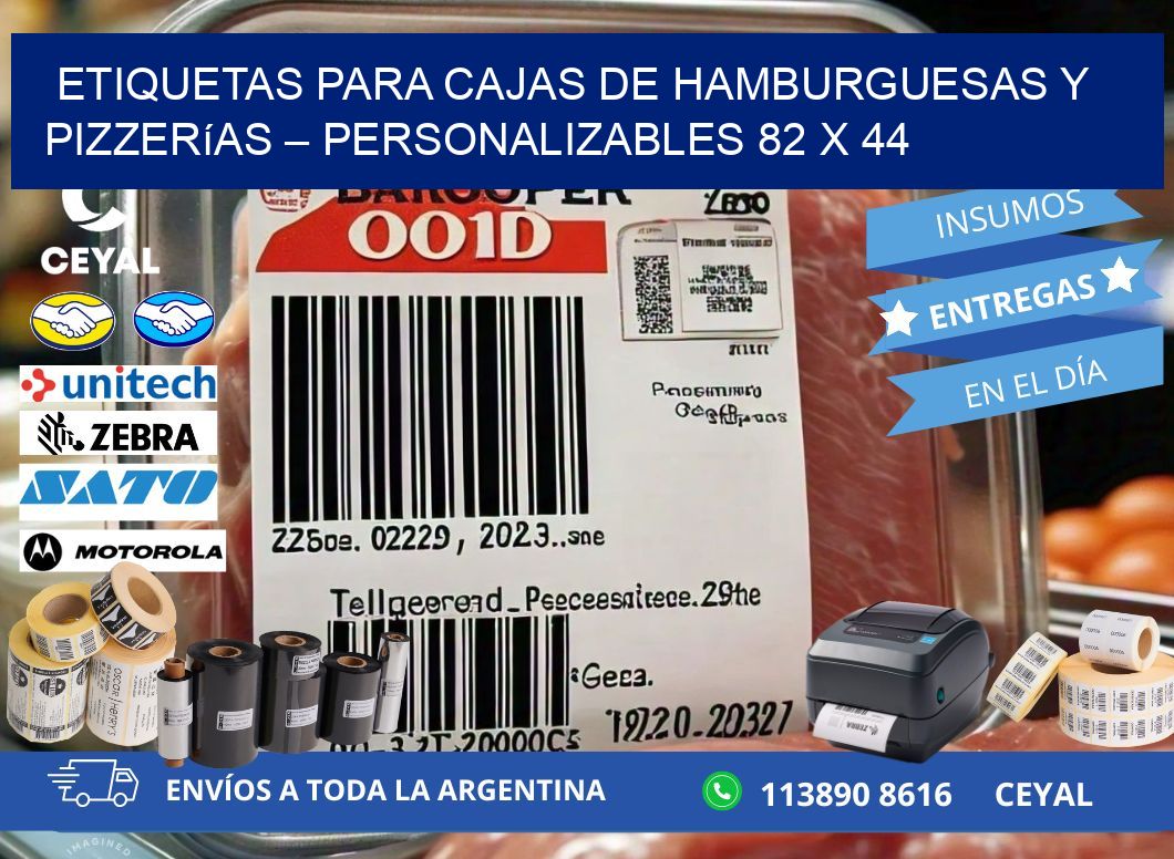 Etiquetas para cajas de hamburguesas y pizzerías – Personalizables 82 x 44