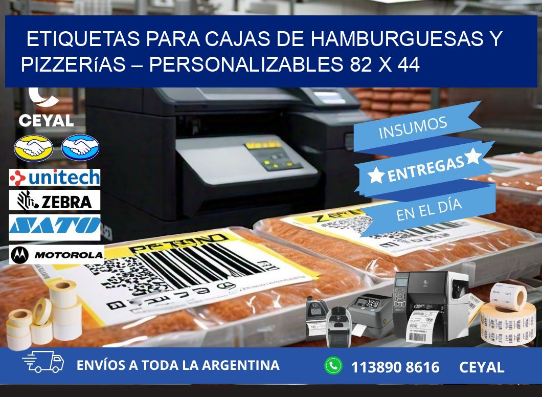 Etiquetas para cajas de hamburguesas y pizzerías – Personalizables 82 x 44