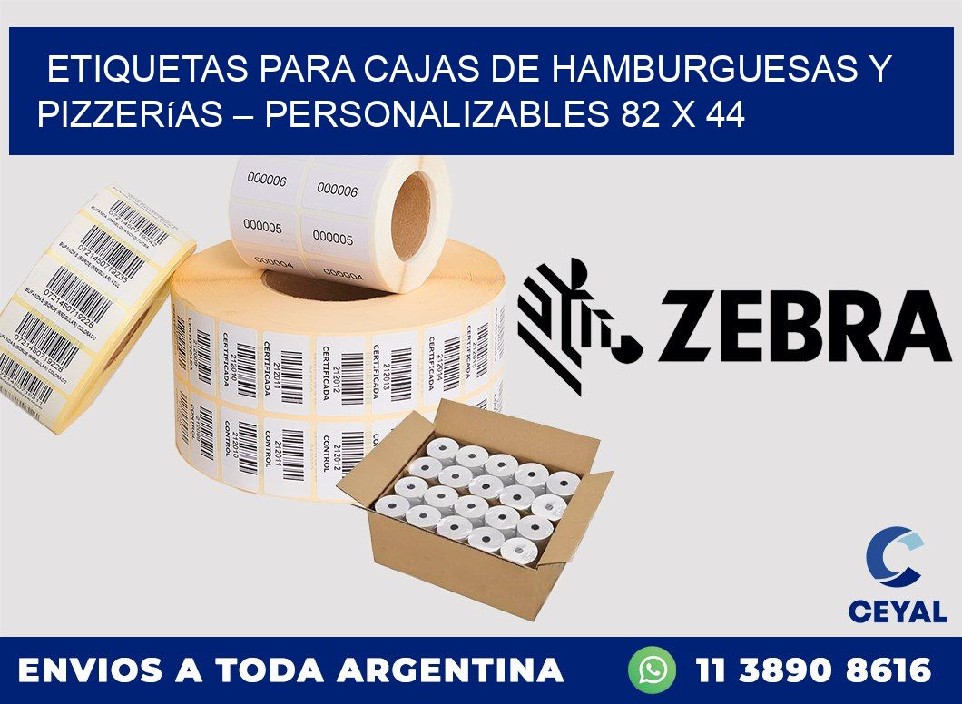 Etiquetas para cajas de hamburguesas y pizzerías – Personalizables 82 x 44