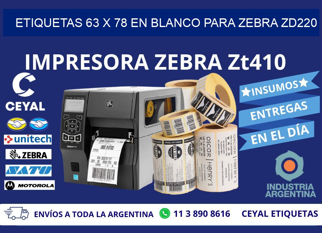 Etiquetas 63 x 78 en blanco para zebra zd220