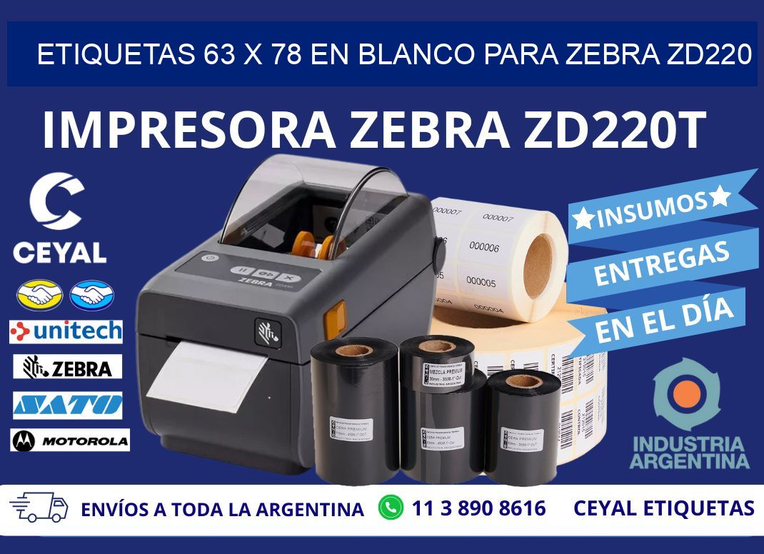 Etiquetas 63 x 78 en blanco para zebra zd220