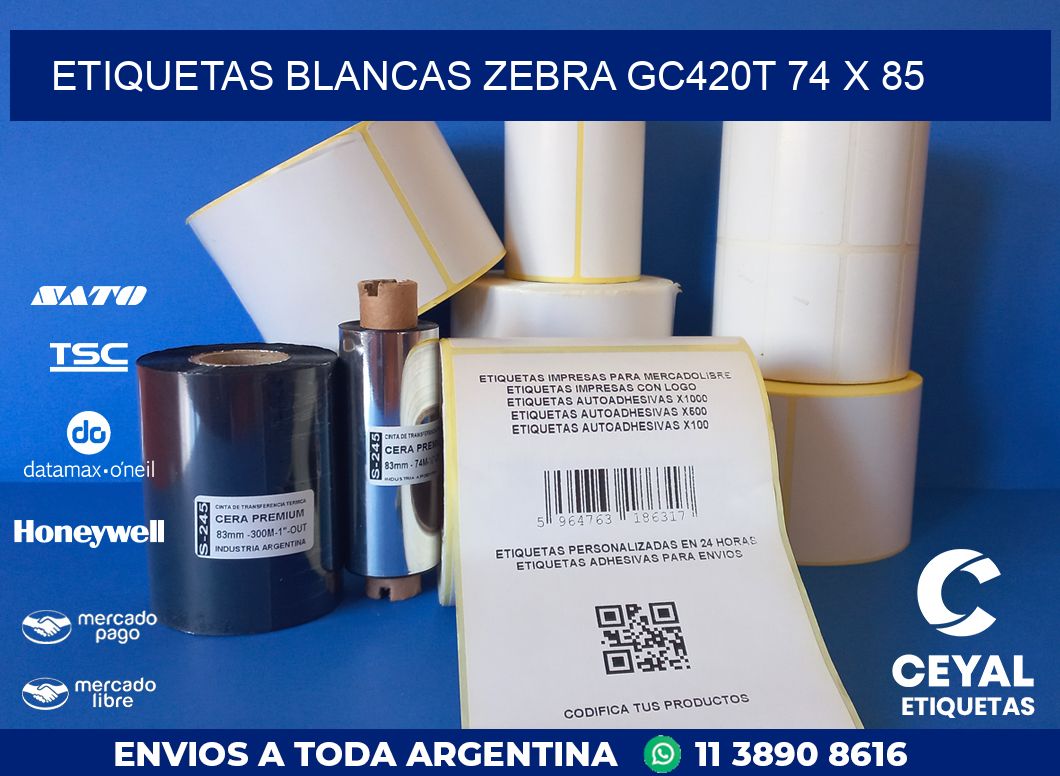 ETIQUETAS BLANCAS ZEBRA GC420T 74 x 85