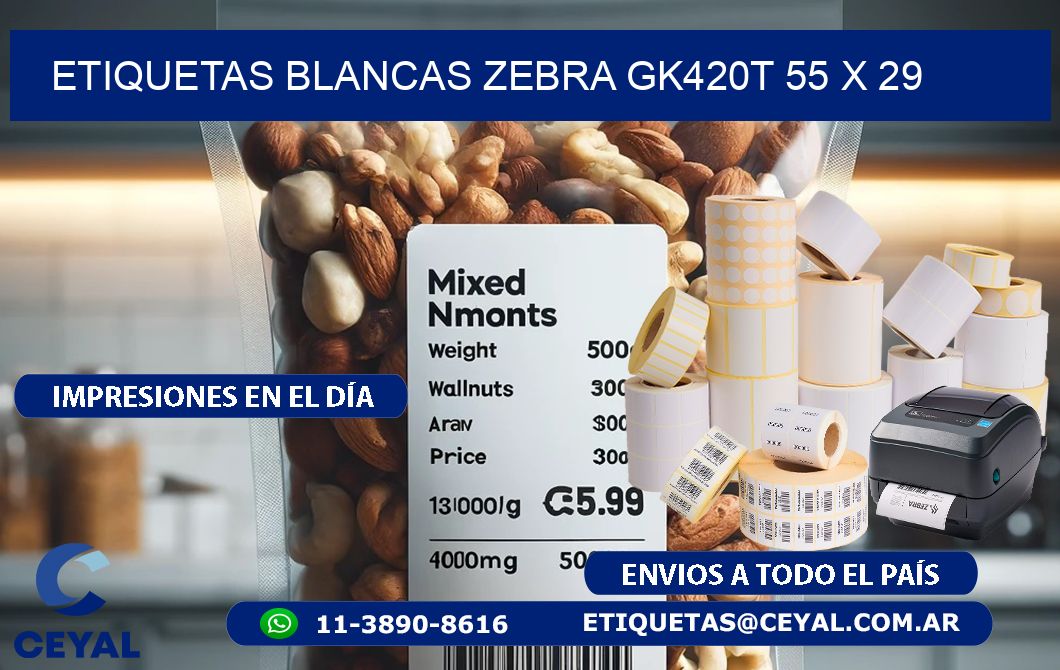 ETIQUETAS BLANCAS ZEBRA GK420T 55 x 29