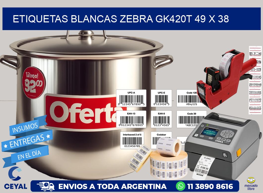 ETIQUETAS BLANCAS ZEBRA GK420T 49 x 38