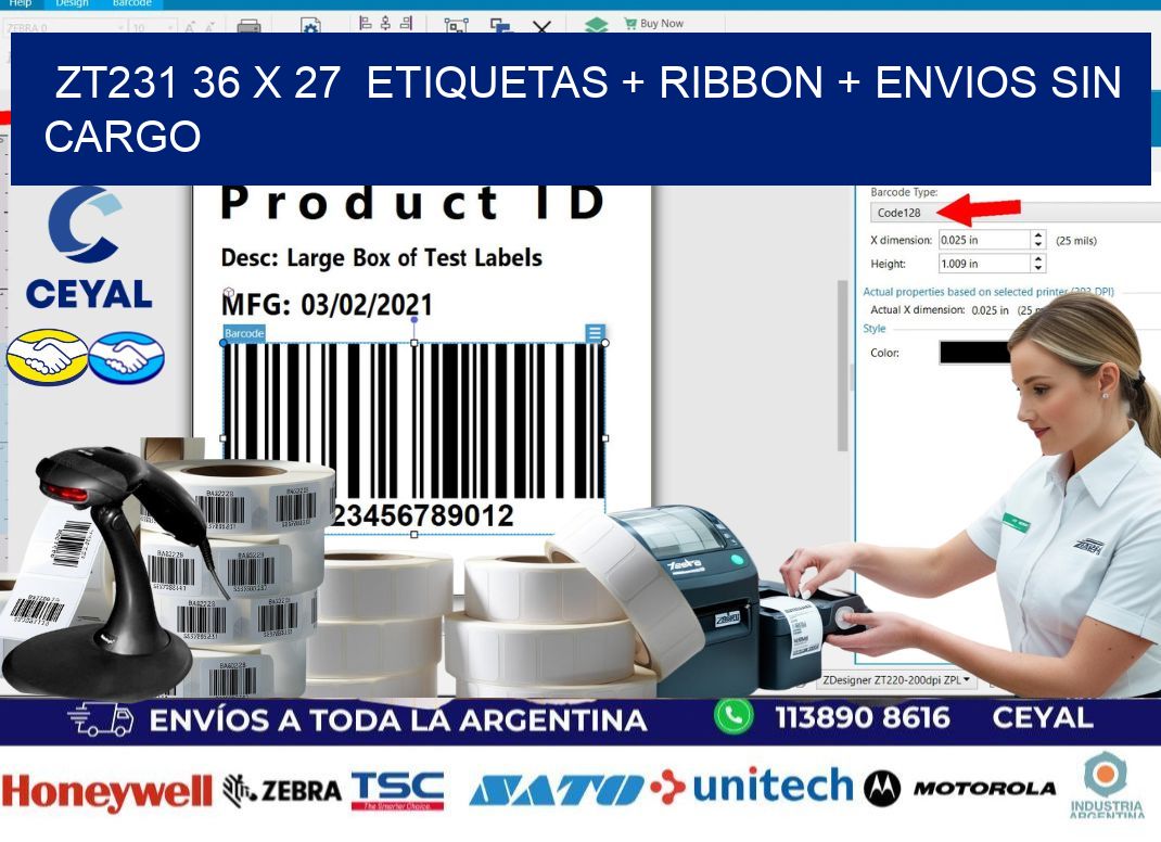ZT231 36 x 27  etiquetas + ribbon + envios sin cargo