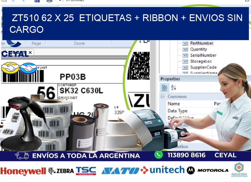 ZT510 62 x 25  etiquetas + ribbon + envios sin cargo
