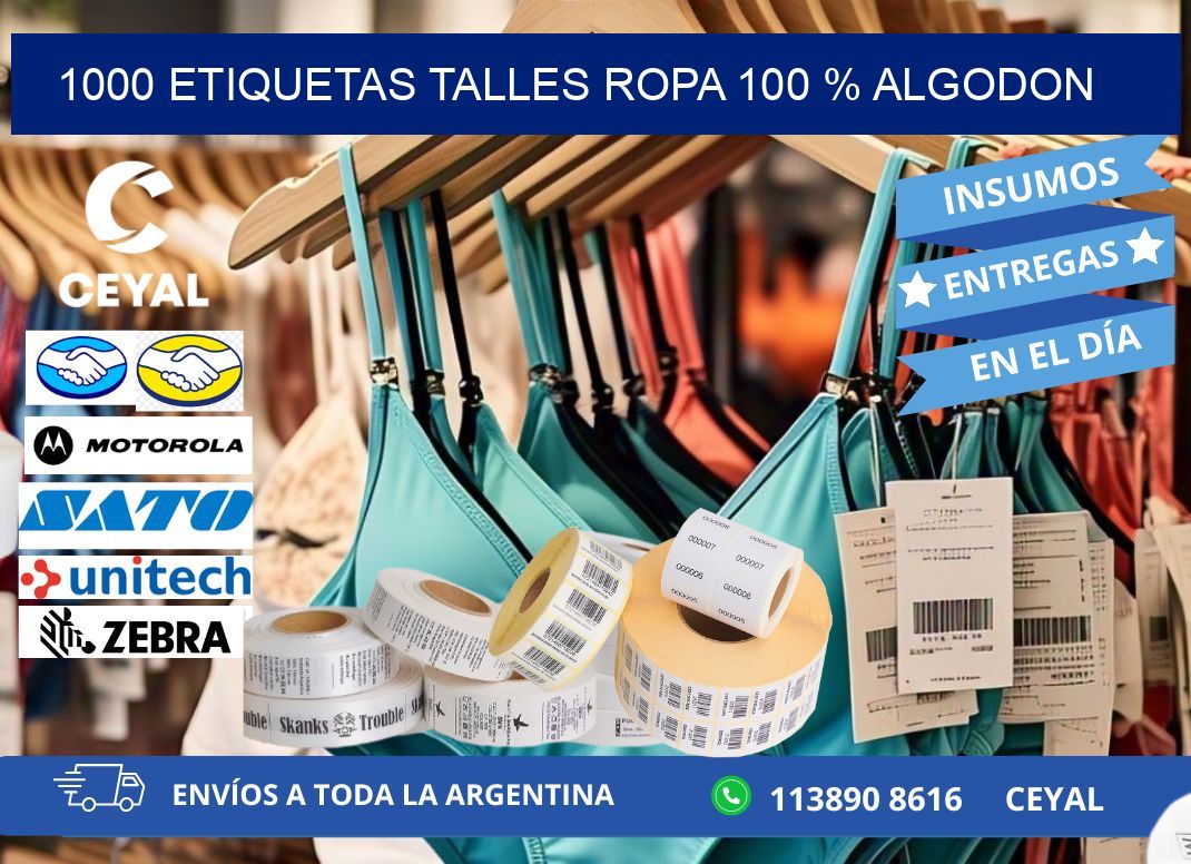 1000 ETIQUETAS TALLES ROPA 100 % ALGODON