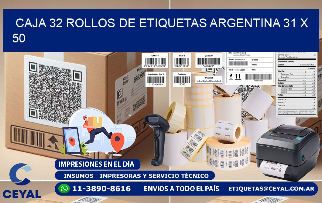 CAJA 32 ROLLOS DE ETIQUETAS ARGENTINA 31 x 50
