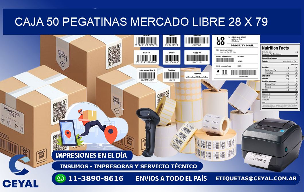 CAJA 50 PEGATINAS MERCADO LIBRE 28 x 79