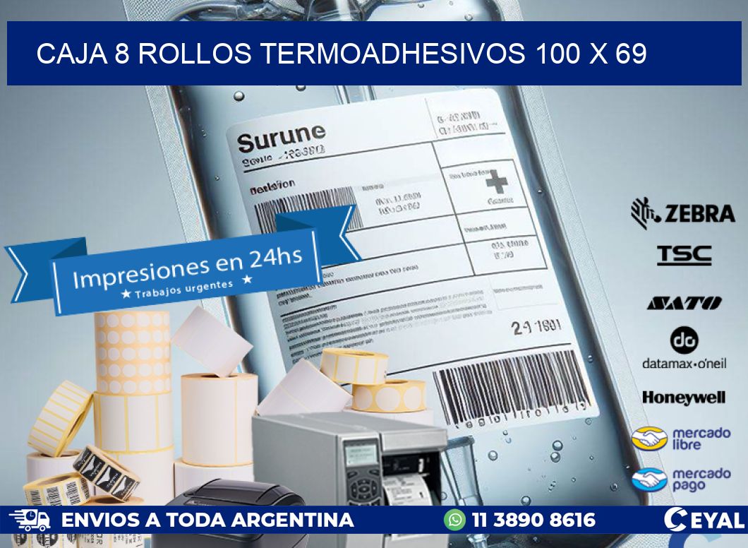 CAJA 8 ROLLOS TERMOADHESIVOS 100 x 69