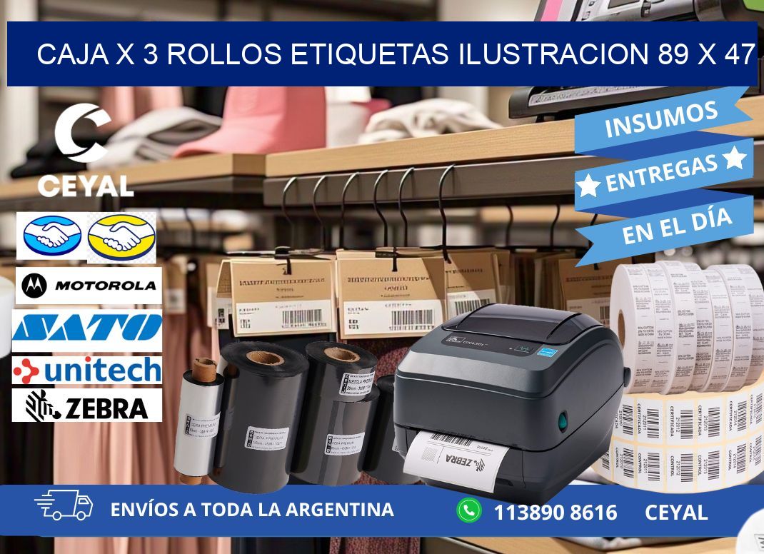 Caja X 3 Rollos Etiquetas Ilustracion 89 x 47