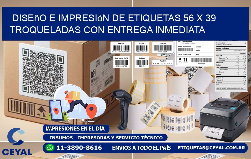 Diseño e impresión de etiquetas 56 x 39 troqueladas con entrega inmediata